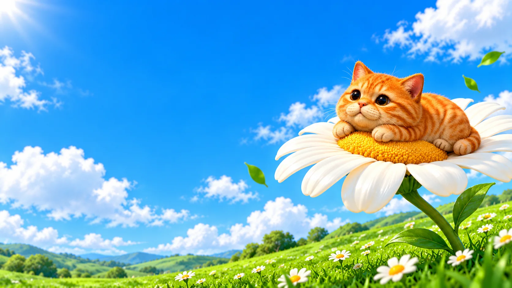 CET the chubby orange cat napping on a giant daisy above green hills